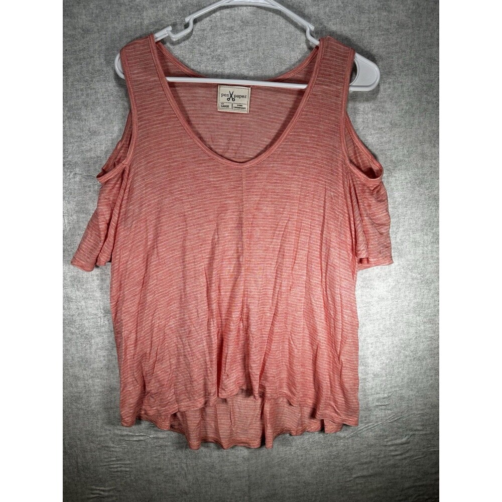 Pen Paper Cold Shoulder Knit Pink Striped Top Women’s Size Large Semi Sheer - Picture 7 of 7